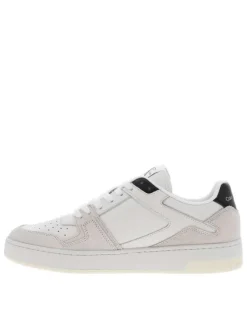 Sneakers tennis en cuir blanc à semelle semi-compensée et patchs nubuck crème