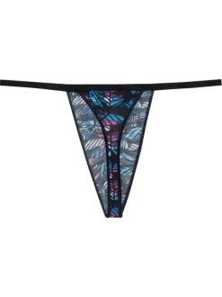 String noir en dentelle ajourée avec une doublure imprimée bleue et rose