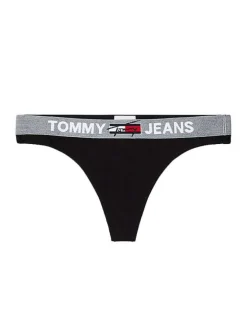 String noir uni avec logo imprimé sur le devant de la ceinture