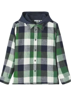 Surchemise à capuche en coton vert imprimé carreaux avec une coupe droite