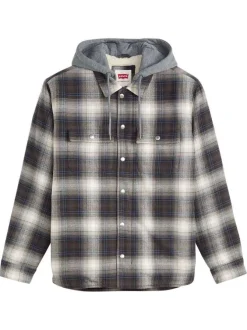 Surchemise en coton anthracite à motif écossais pourvue d'un col à capuche