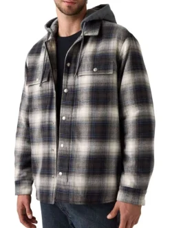 Surchemise en coton anthracite à motif écossais pourvue d'un col à capuche