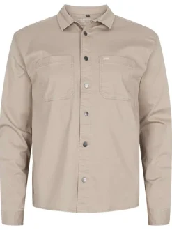 Surchemise en coton beige unie col italien et à manches longues