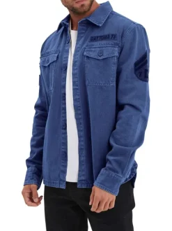 Surchemise en coton bleue marine uni à coupe regular fit avec des poches
