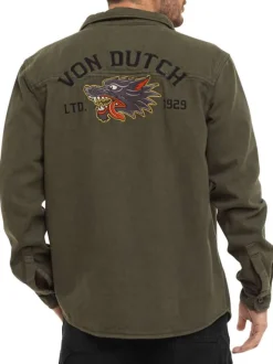 Surchemise en coton kaki uni avec une coupe droite et un col à revers