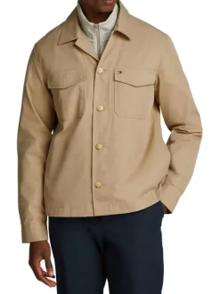 Surchemise en coton mélangé beige unie droite à col à revers et poches