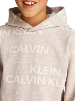 Sweat à capuche en coton beige avec un imprimé all-over et une coupe droite