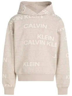 Sweat à capuche en coton beige avec un imprimé all-over et une coupe droite