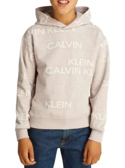 Sweat à capuche en coton beige avec un imprimé all-over et une coupe droite