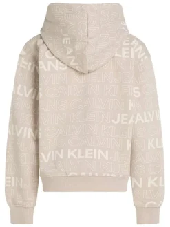 Sweat à capuche en coton beige avec un imprimé all-over et une coupe droite