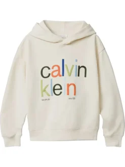 Sweat à capuche en coton écru uni à coupe droite avec le nom de la marque