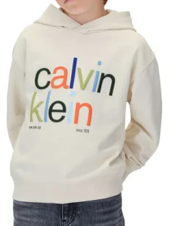 Sweat à capuche en coton écru uni à coupe droite avec le nom de la marque