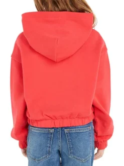 Sweat à capuche en coton framboise uni resséré au niveau de la taille