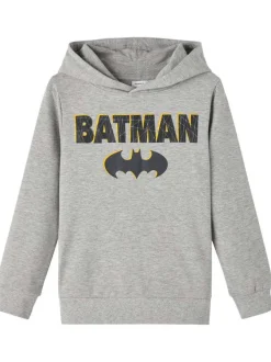 Sweat à capuche en coton gris chiné avec flocage Batman et une coupe droite