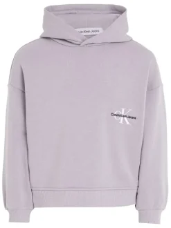 Sweat à capuche en coton mélangé lilas uni avec des manches longues