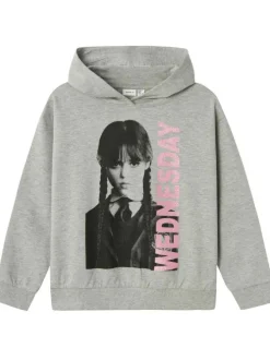 Sweat à capuche en coton mélangé gris chiné avec une coupe droite et un imprimé