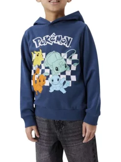 Sweat à capuche en coton mélangé bleu avec un imprimé et une coupe droite