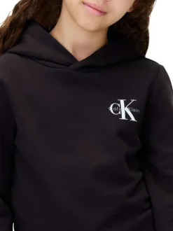 Sweat à capuche en coton noir uni à coupe droite avec le logo imprimé