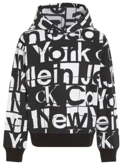 Sweat à capuche en coton régénératif noir imprimé logo avec une coupe relaxed