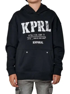 Sweat à capuche noir uni à coupe droite avec un imprimé blanc à la poitrine