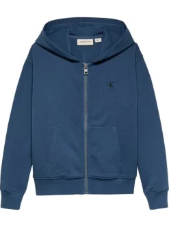 Sweat à capuche zippé en coton bleu uni avec le logo au dos et à la poitrine