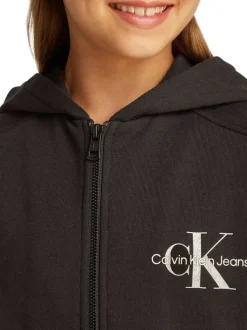 Sweat à capuche zippé en coton noir uni avec une coupe crop top et le logo