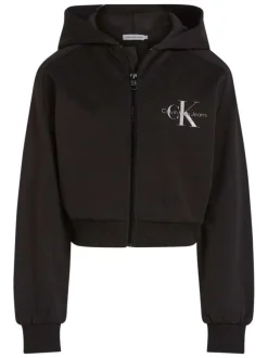 Sweat à capuche zippé en coton noir uni avec une coupe crop top et le logo