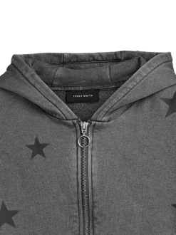 Sweat à capuche zippé gris anthracite à motifs étoilés et coupe droite