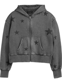 Sweat à capuche zippé gris anthracite à motifs étoilés et coupe droite
