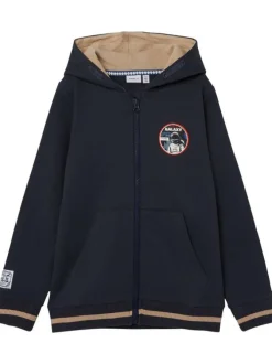 Sweat à capuche zippé marine avec flocage sur l'astronomie et une coupe droite