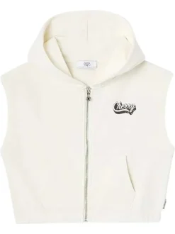 Sweat à capuche zippé sans manches blanc uni à coupe courte avec des poches