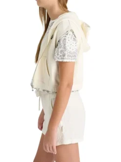Sweat à capuche zippé sans manches blanc uni à coupe courte avec des poches