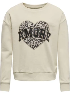 Sweat beige à imprimé léopard avec une coupe droite, col rond et manches longues
