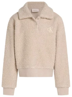 Sweat beige sherpa à coupe droite avec col à revers, manches longues et logo