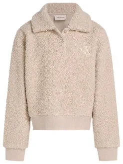 Sweat beige sherpa à coupe droite avec col à revers, manches longues et logo