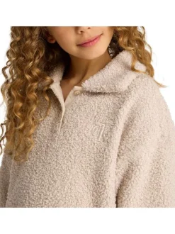 Sweat beige sherpa à coupe droite avec col à revers, manches longues et logo