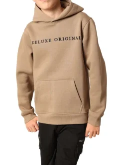 Sweat beige uni avec un col à capuche et une poche traversante