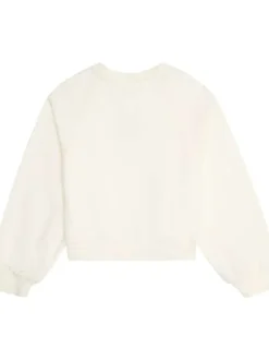 Sweat blanc uni à coupe droite col rond et petit logo brodé devant