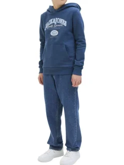 Sweat bleu à motifs avec un col à capuche et une coupe droite