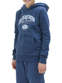 Sweat bleu à motifs avec un col à capuche et une coupe droite