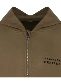 Sweat chocolat uni à coupe large avec col à capuche, demi-zip et logo noir