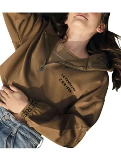 Sweat chocolat uni à coupe large avec col à capuche, demi-zip et logo noir