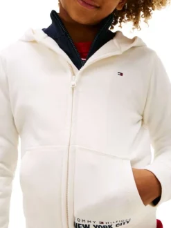 Sweat écru uni en coton avec un col à capuche et fermeture à glissière