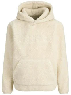 Sweat écru uni en sherpa avec une coupe droite et un col à capuche