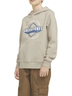Sweat en coton beige à coupe ample avec imprimé bleu et blanc et col à capuche