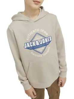 Sweat en coton beige à coupe ample avec imprimé bleu et blanc et col à capuche