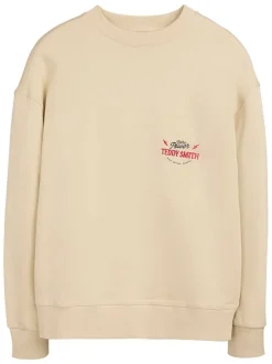 Sweat en coton beige imprimé à la poitrine et au dos avec un col rond