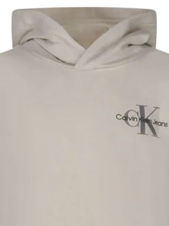 Sweat en coton beige uni avec un col à capuche et imprimé logo