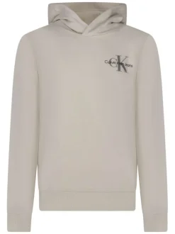Sweat en coton beige uni avec un col à capuche et imprimé logo