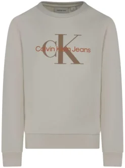 Sweat en coton beige uni avec un col rond et le nom de la marque imprimé